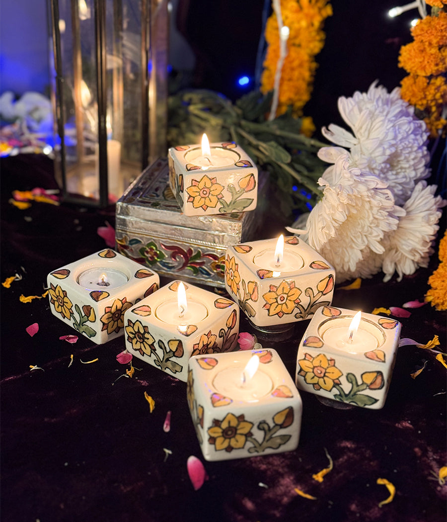 White Diya with Yellow Floral  Design -  Set of 6