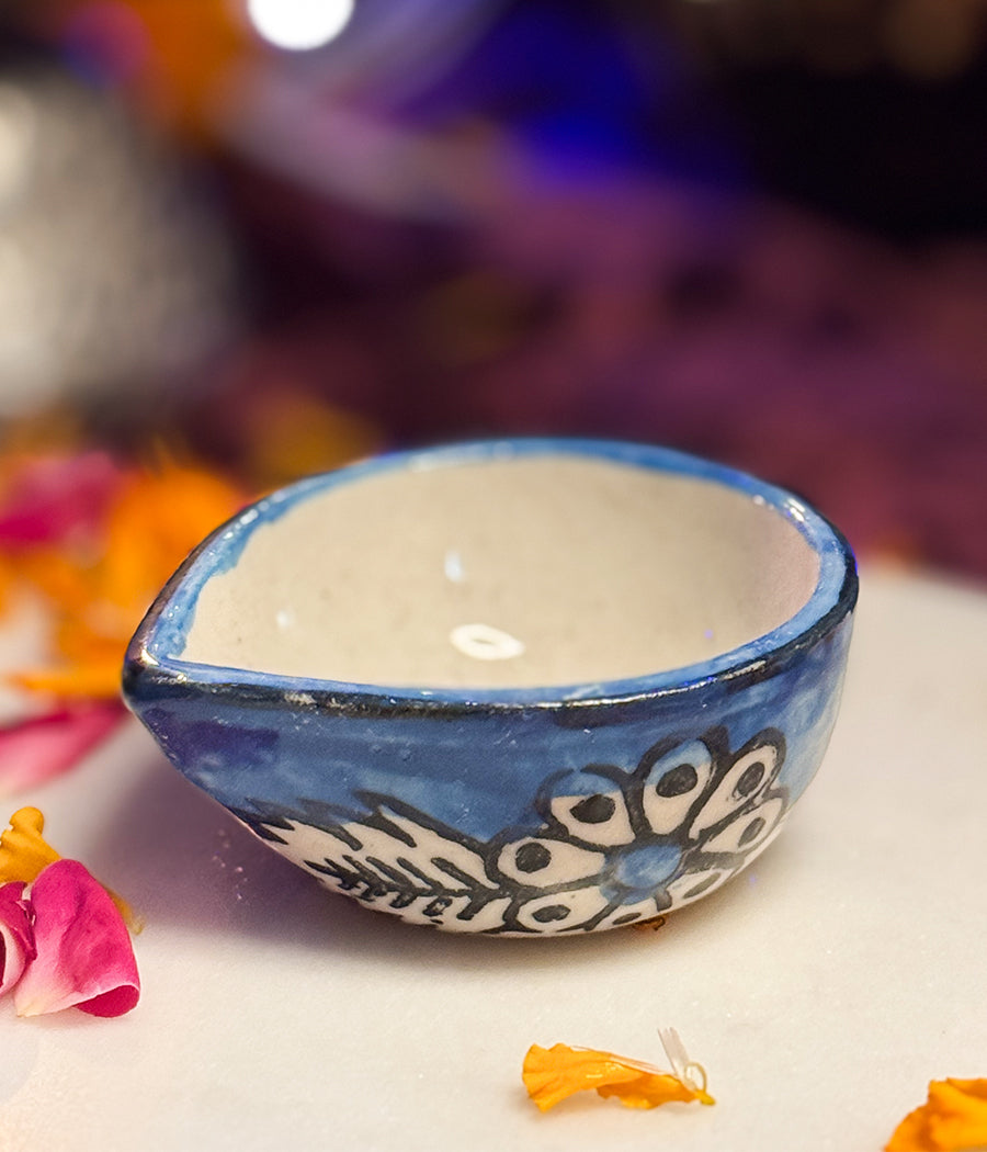 Blue Hand Painted Ceramic Diya - Set of 6