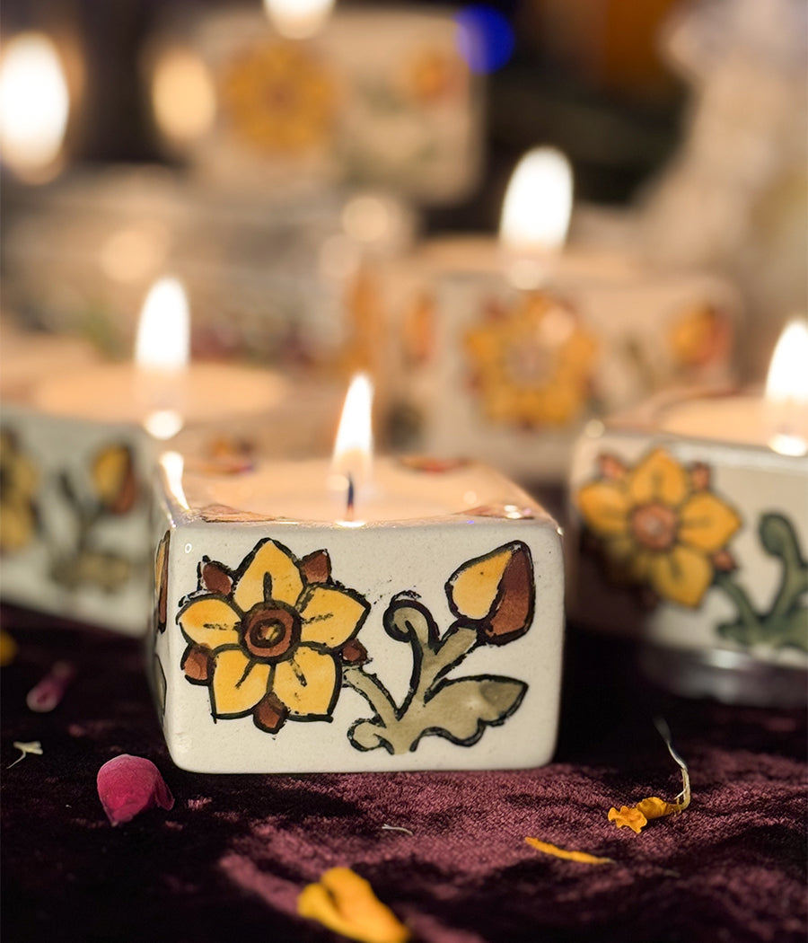 White Diya with Yellow Floral  Design -  Set of 6