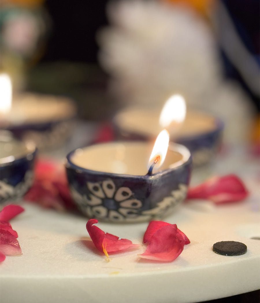 Blue Diya with white floral Design - Set of 6