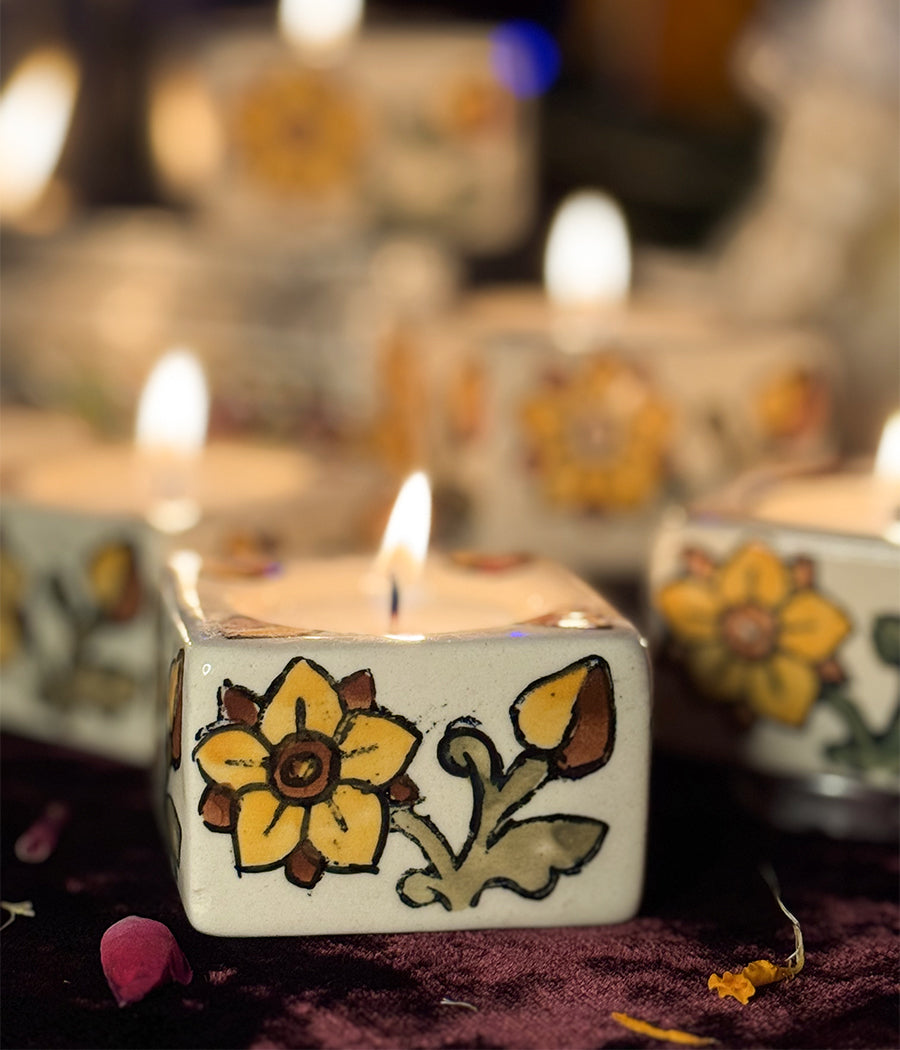 White Diya with Yellow Floral  Design -  Set of 6