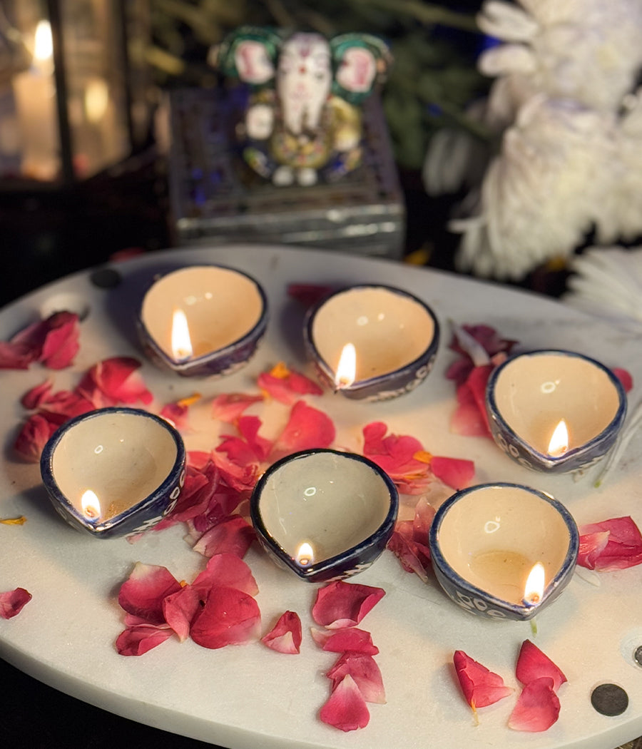 Blue Diya with white floral Design - Set of 6