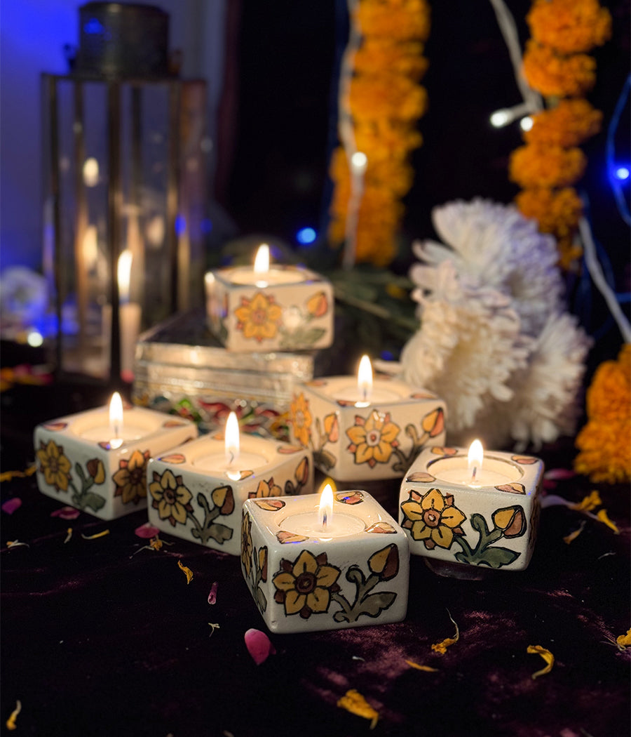 White Diya with Yellow Floral  Design -  Set of 6