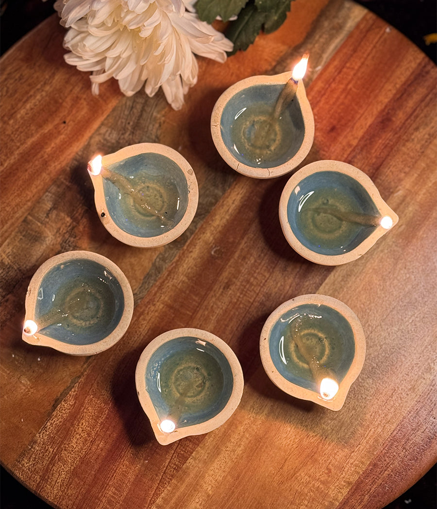 Sky Blue Ceramic Diya Set of 6