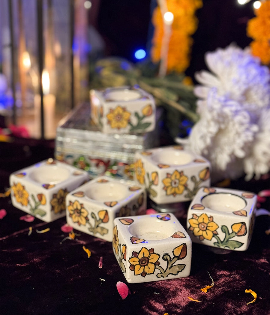 White Diya with Yellow Floral  Design -  Set of 6