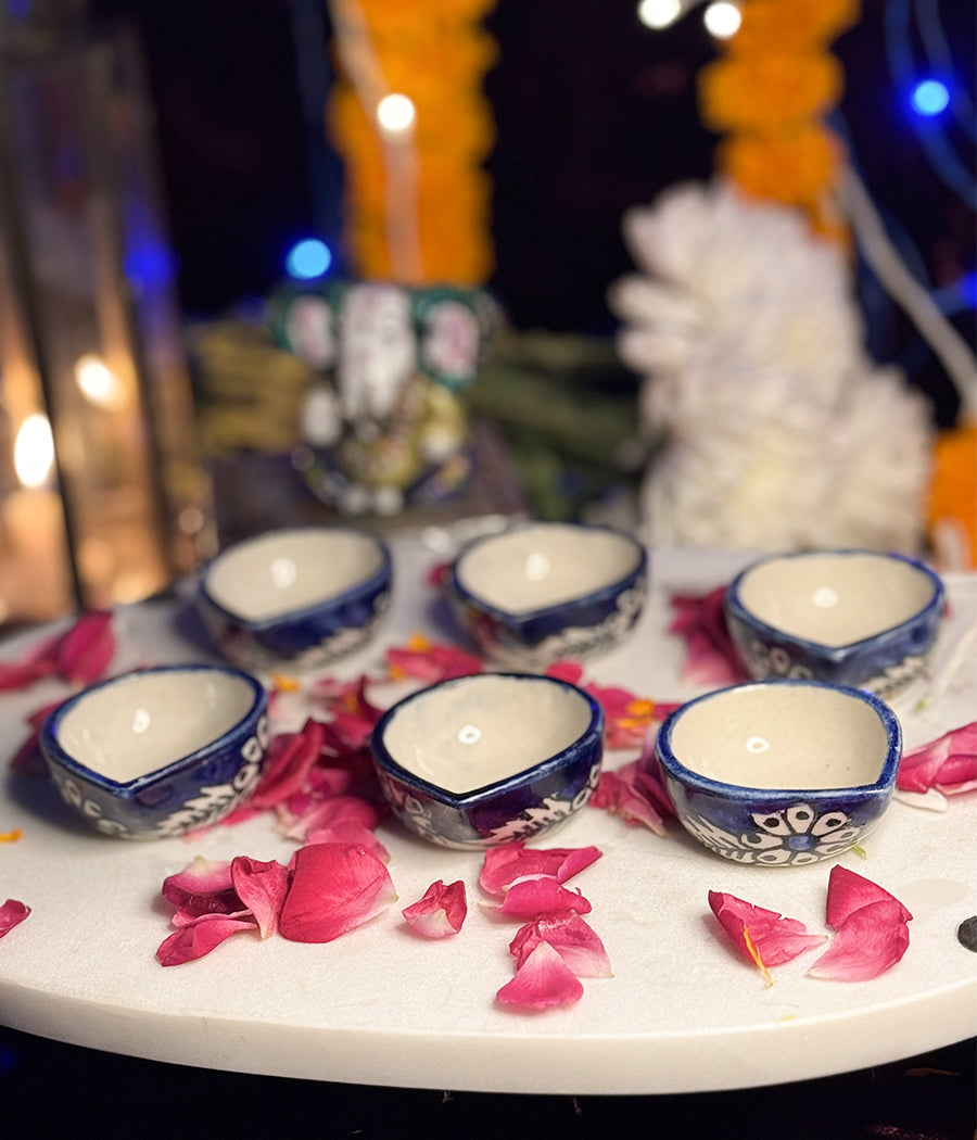 Blue Diya with white floral Design - Set of 6