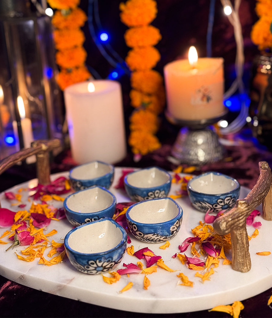 Blue Hand Painted Ceramic Diya - Set of 6