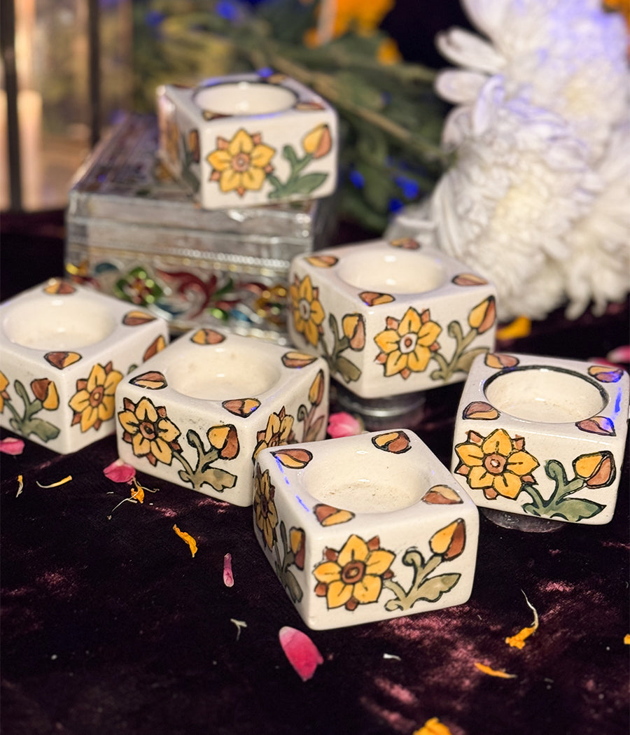 White Diya with Yellow Floral  Design -  Set of 6