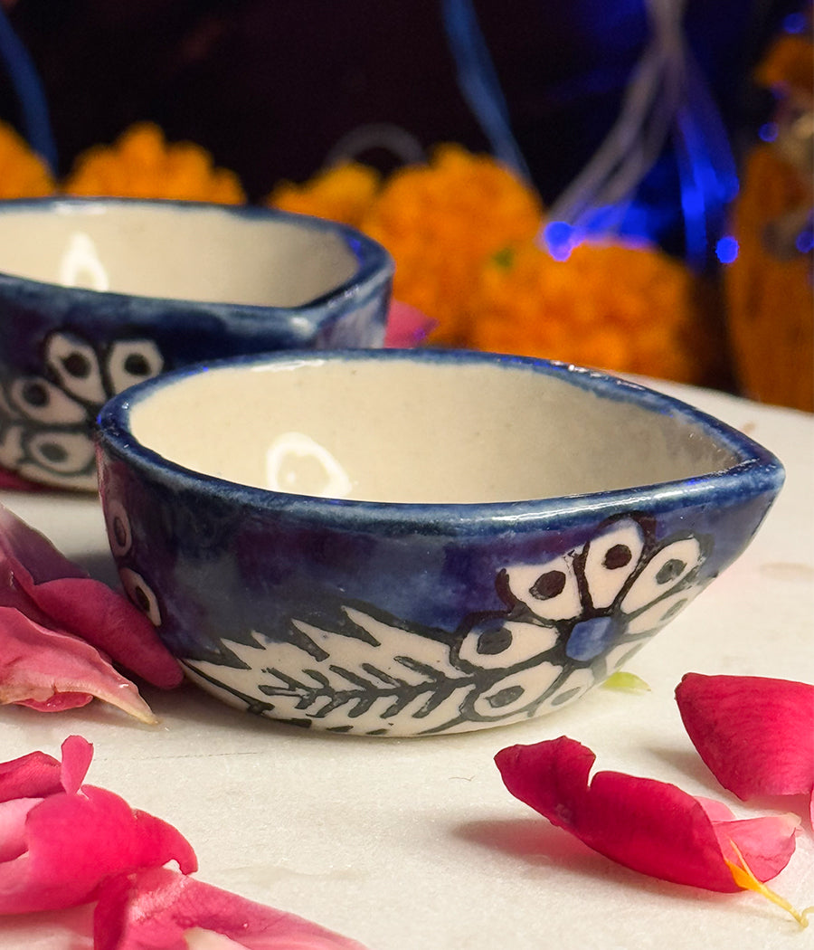 Blue Diya with white floral Design - Set of 6