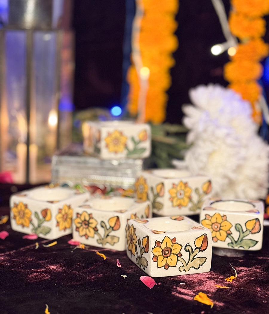 White Diya with Yellow Floral  Design -  Set of 6