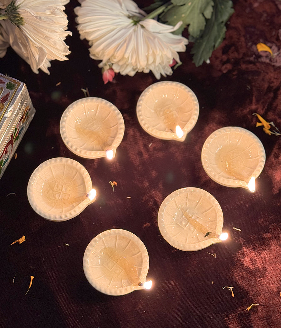 White Swastic Diya Set of 6