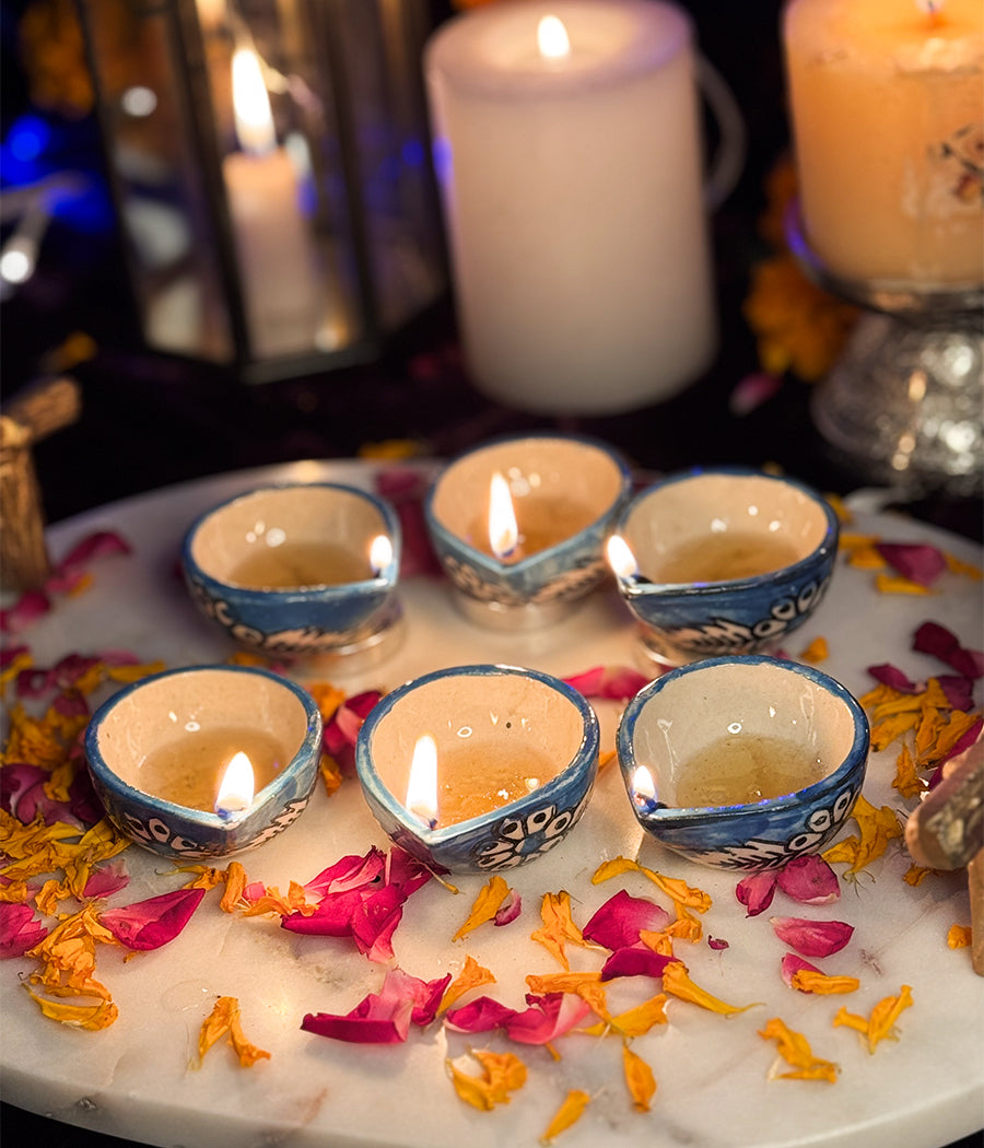 Blue Hand Painted Ceramic Diya - Set of 6