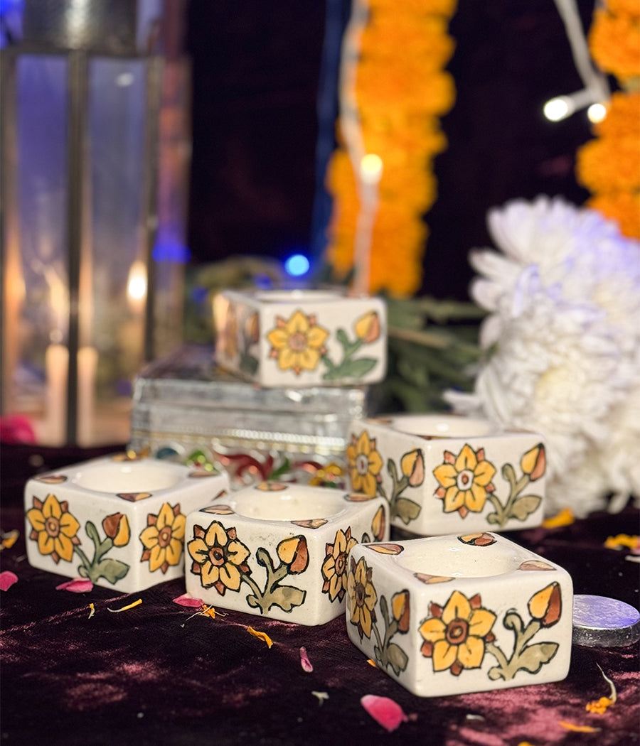 White Diya with Yellow Floral  Design -  Set of 6