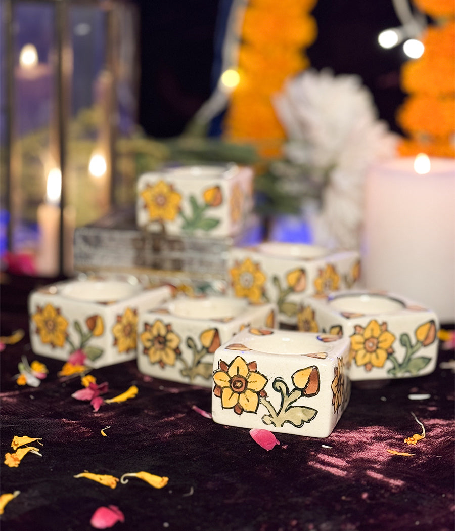 White Diya with Yellow Floral  Design -  Set of 6