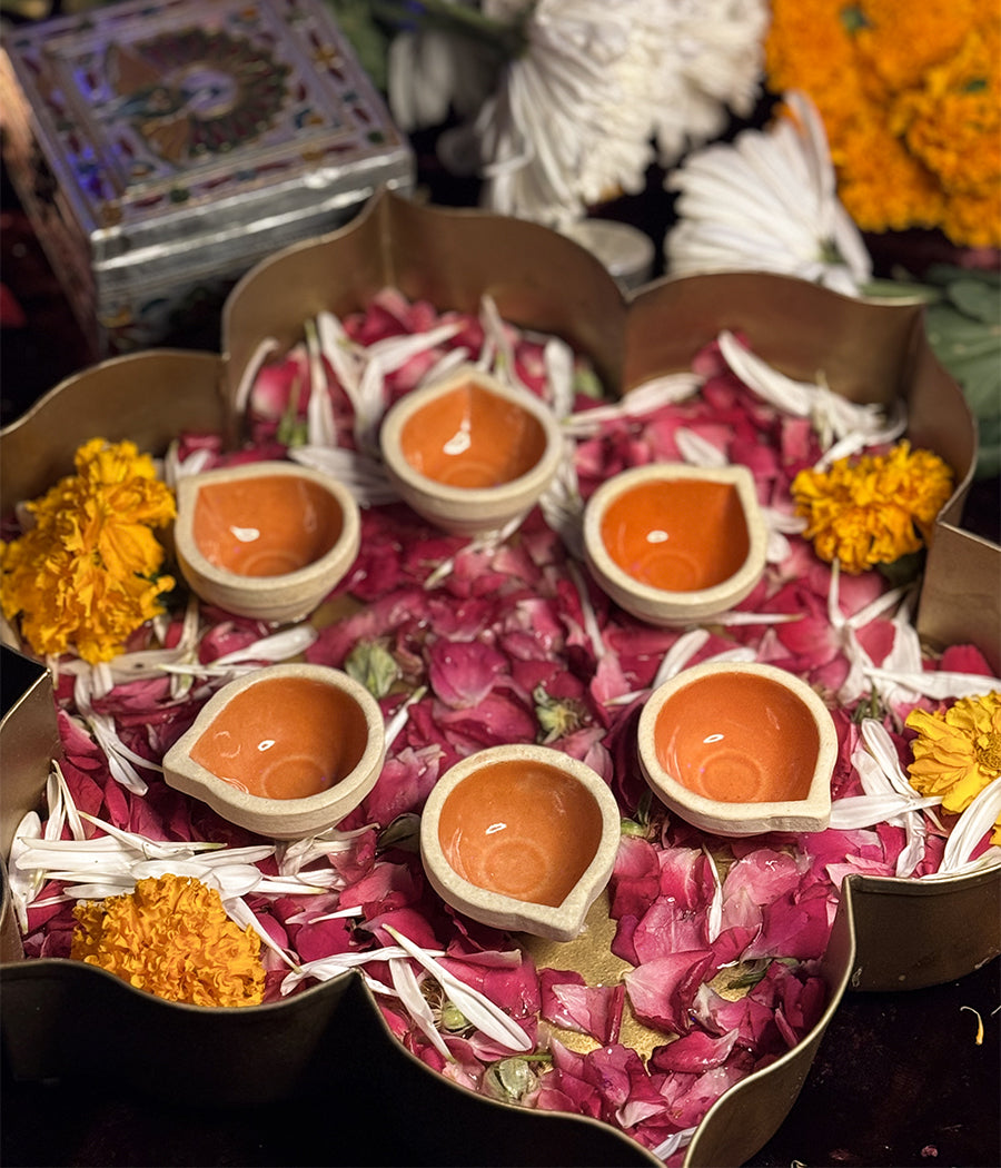 Orange Ceramic Diya - Set of 6