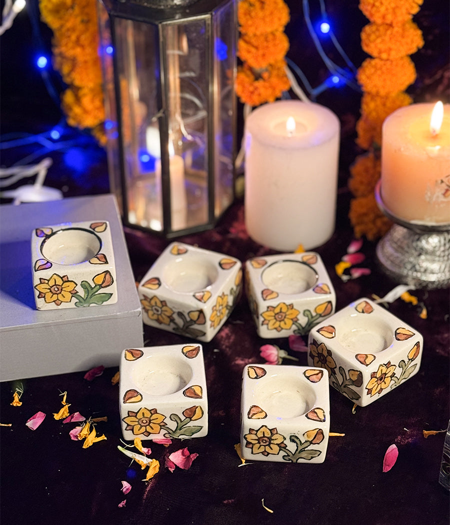 White Diya with Yellow Floral  Design -  Set of 6