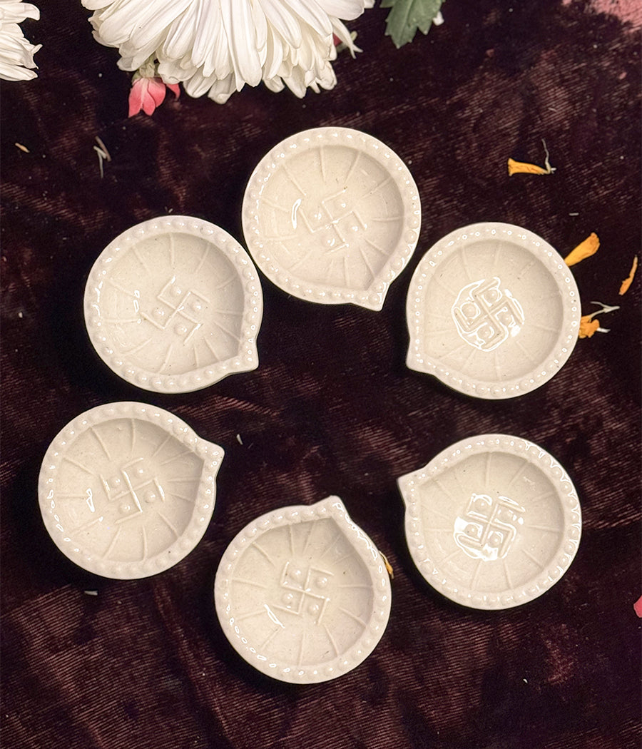 White Swastic Diya Set of 6