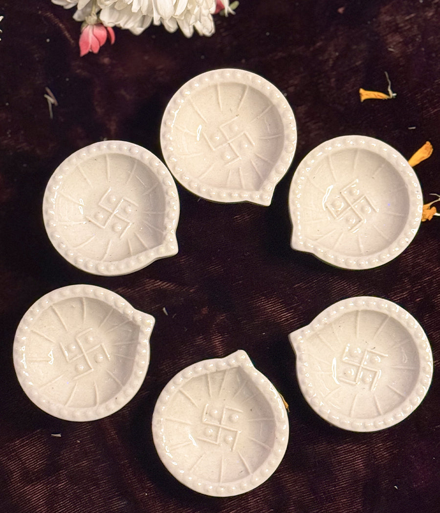 White Swastic Diya Set of 6