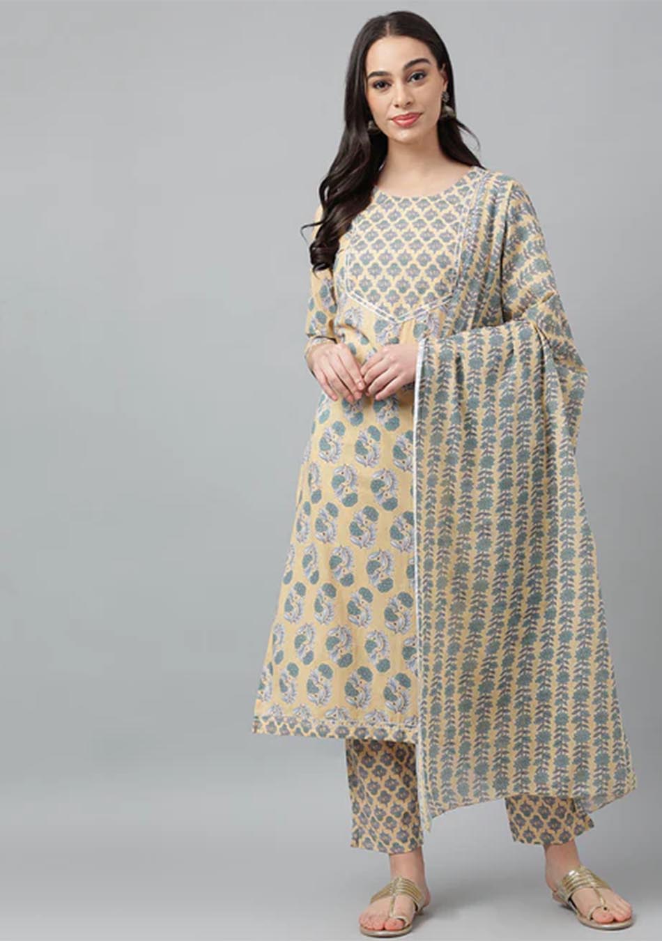 Yellow Floral Print kurta set with dupatta