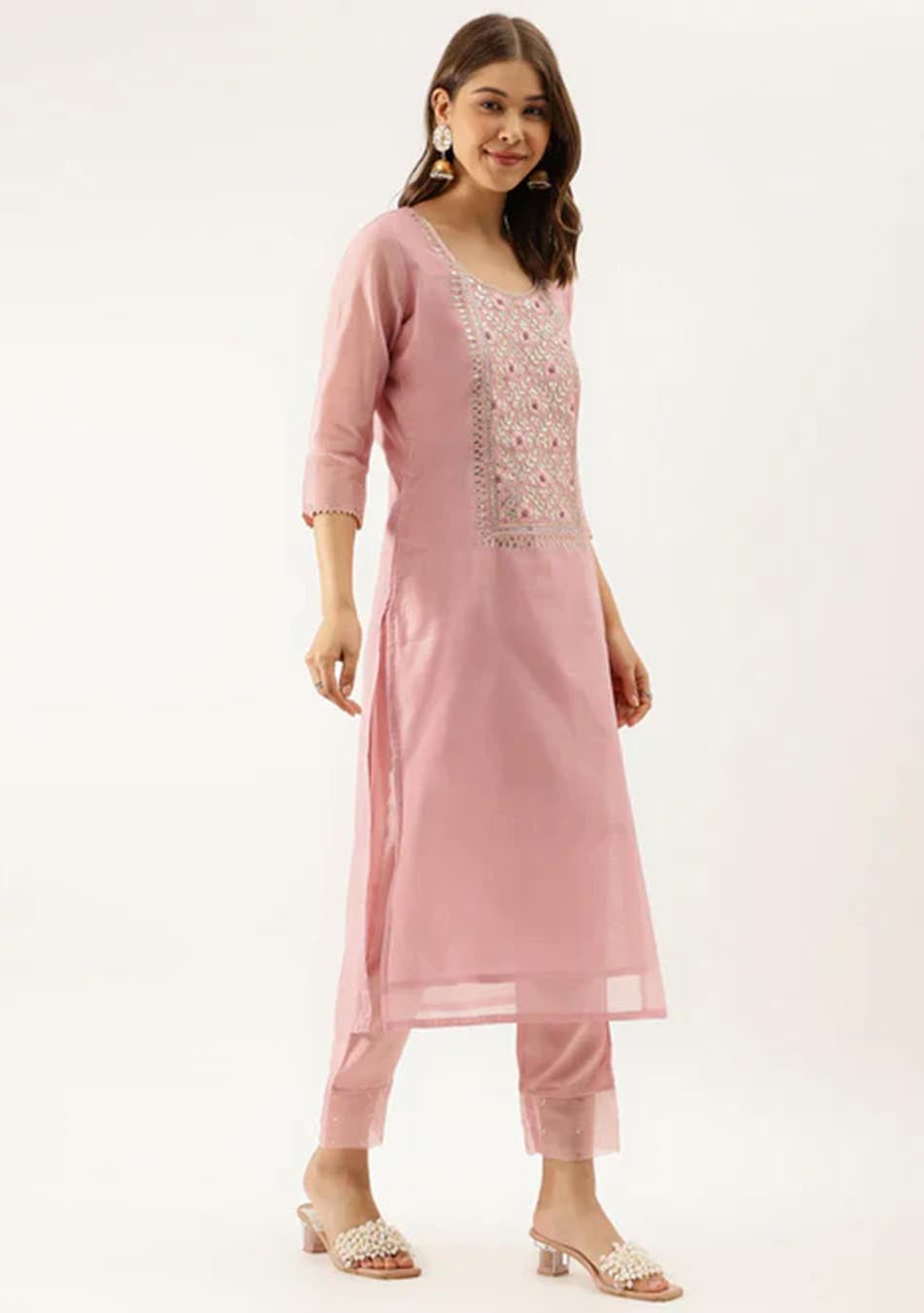 Pink Chanderi Embroidered Kurta Set