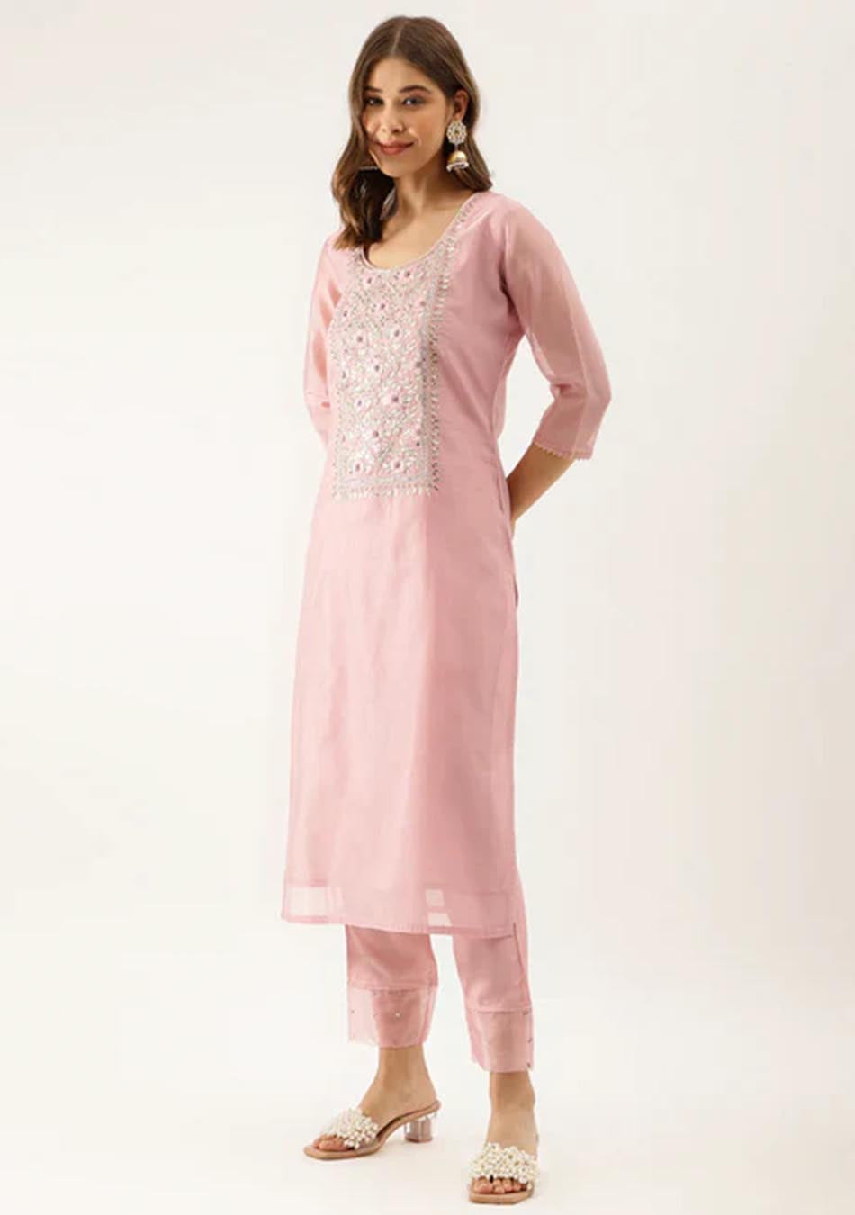 Pink Chanderi Embroidered Kurta Set