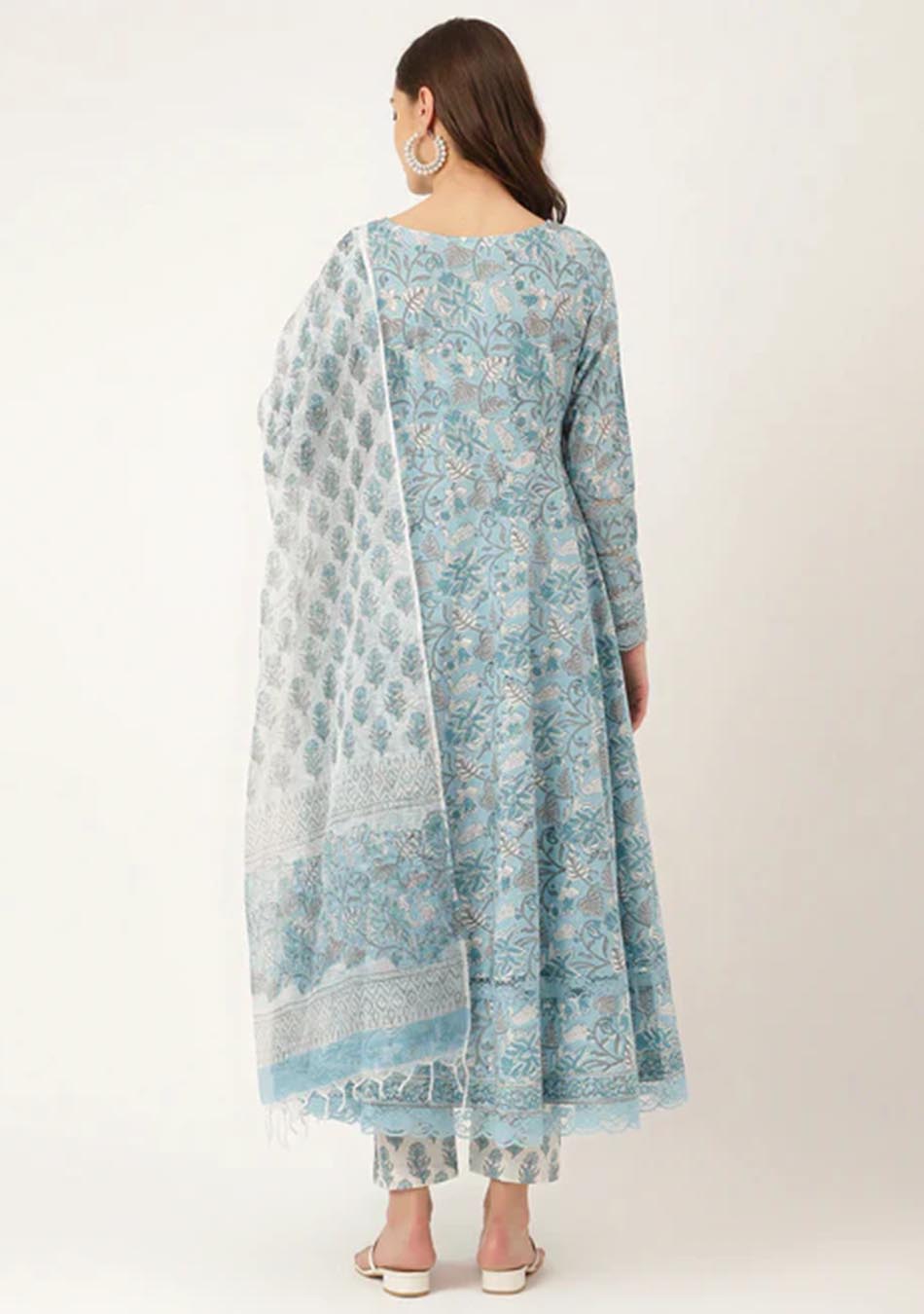 Cerulean Hand Block Floral Cotton Anarkali Set