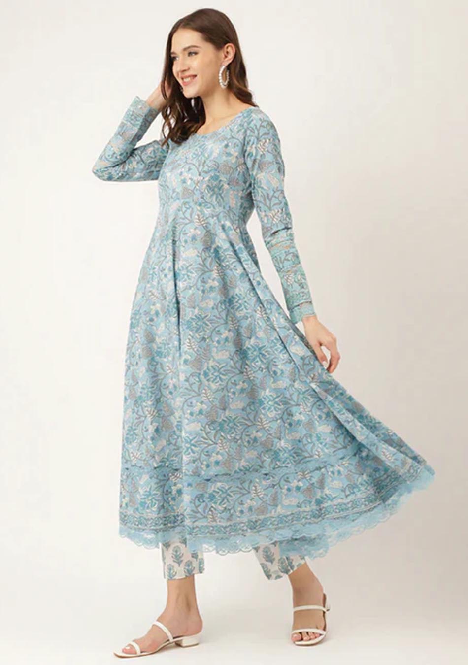 Cerulean Hand Block Floral Cotton Anarkali Set