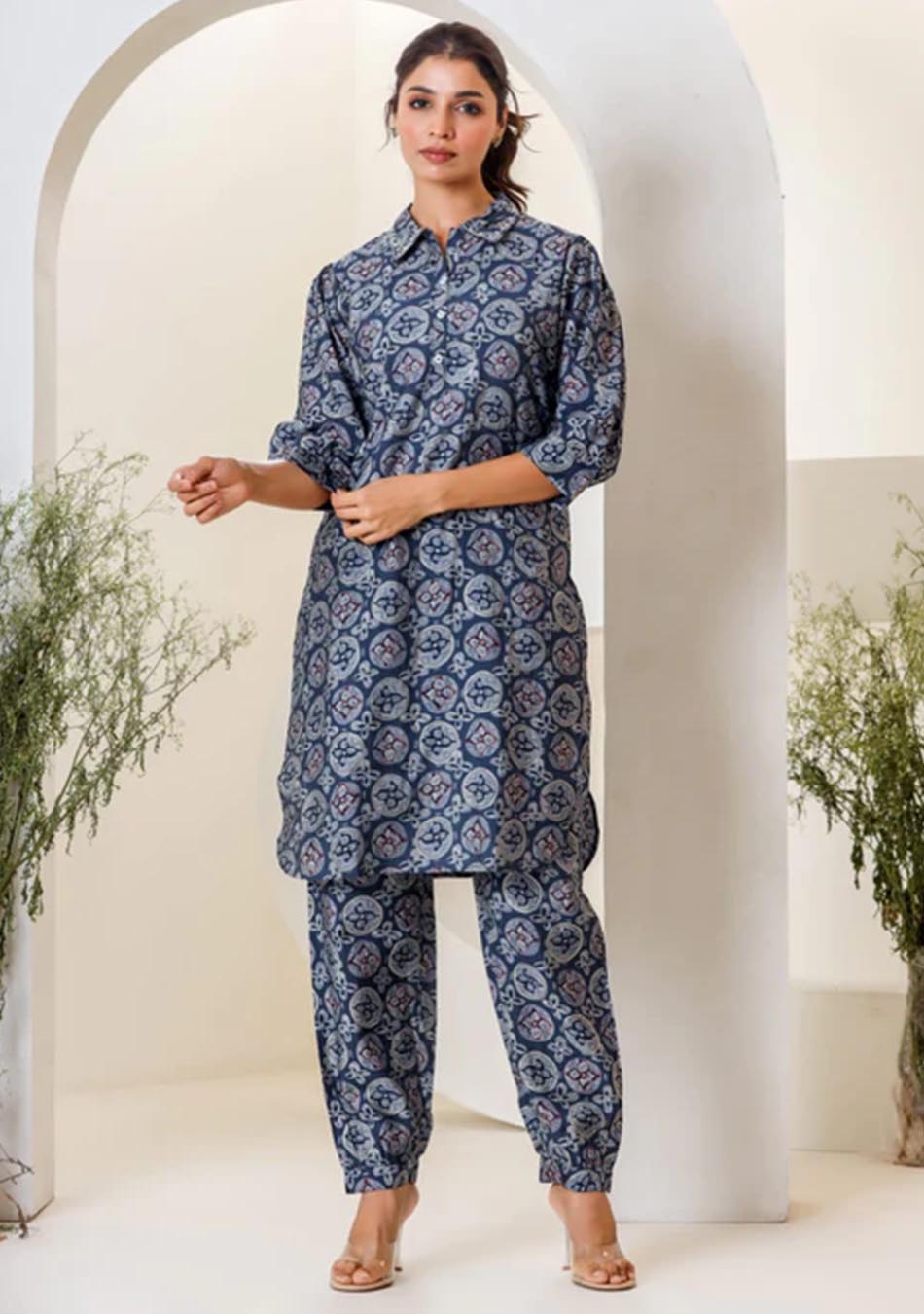 Blue Print Muslin Kurta With Hem Cuffed Pant Set