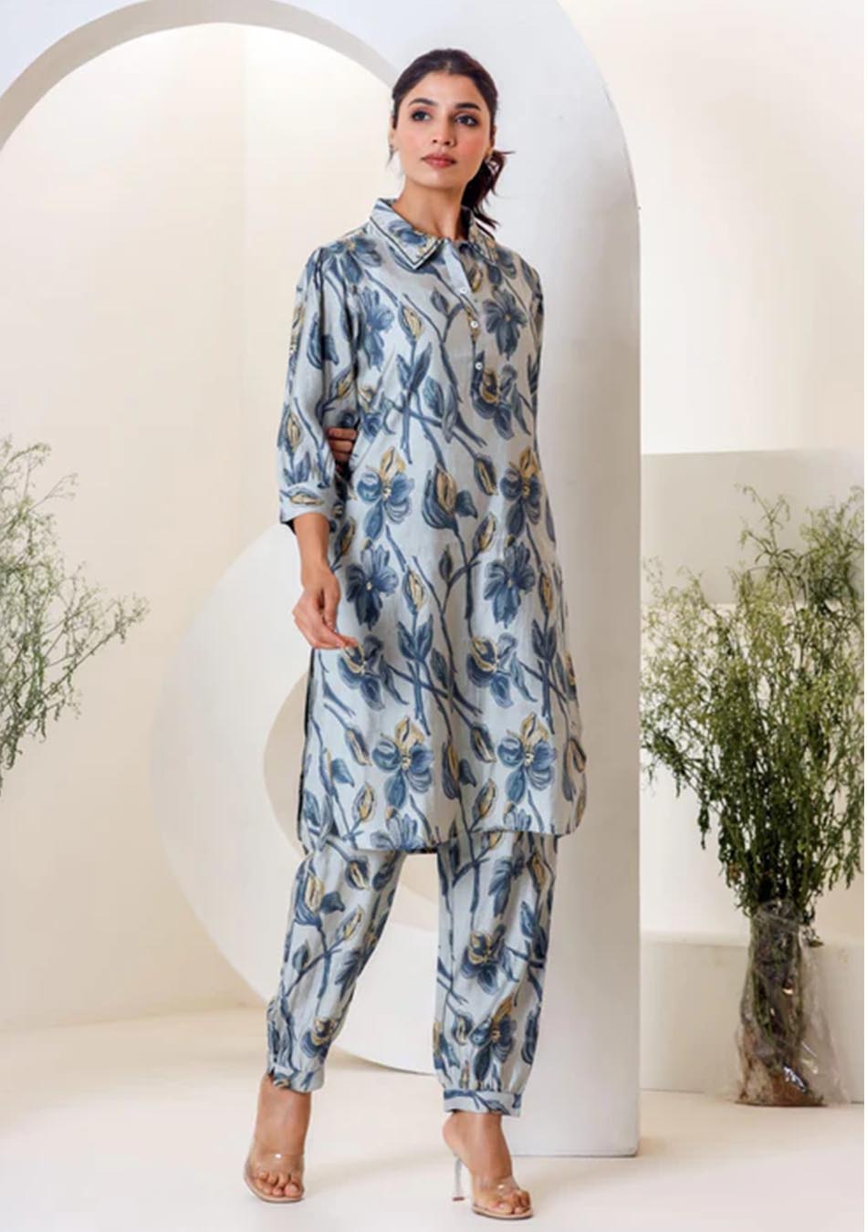 Sky Blue Print Muslin Kurta With  Hem  Cuffed Pant Set