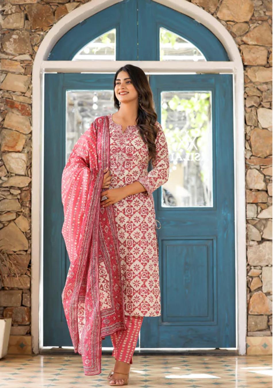 Beige & Red Floral Print Kurta Pant Set With Dupatta | Buy Women Clothing