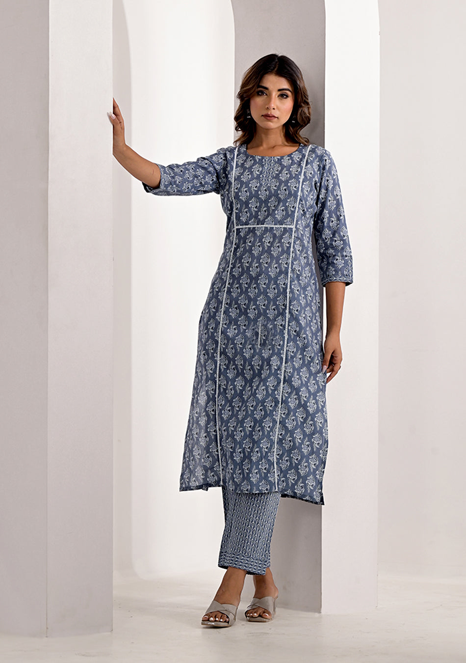 Steel Grey Printed Cotton Kurta with Trouser