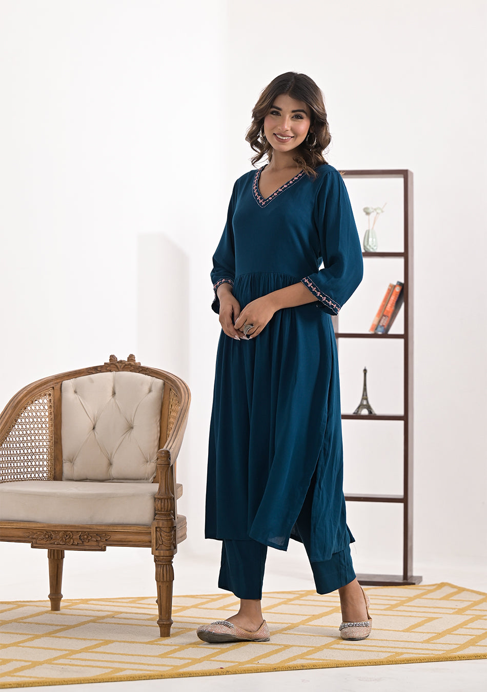 Peacock Blue Gathered Long Kurta Pant Set