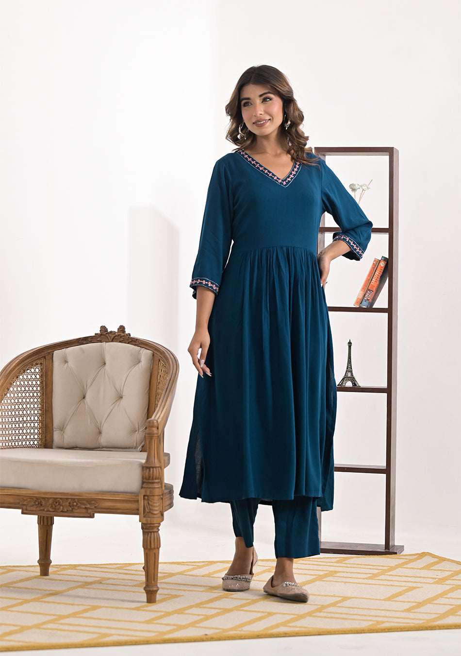 Peacock Blue Gathered Long Kurta Pant Set