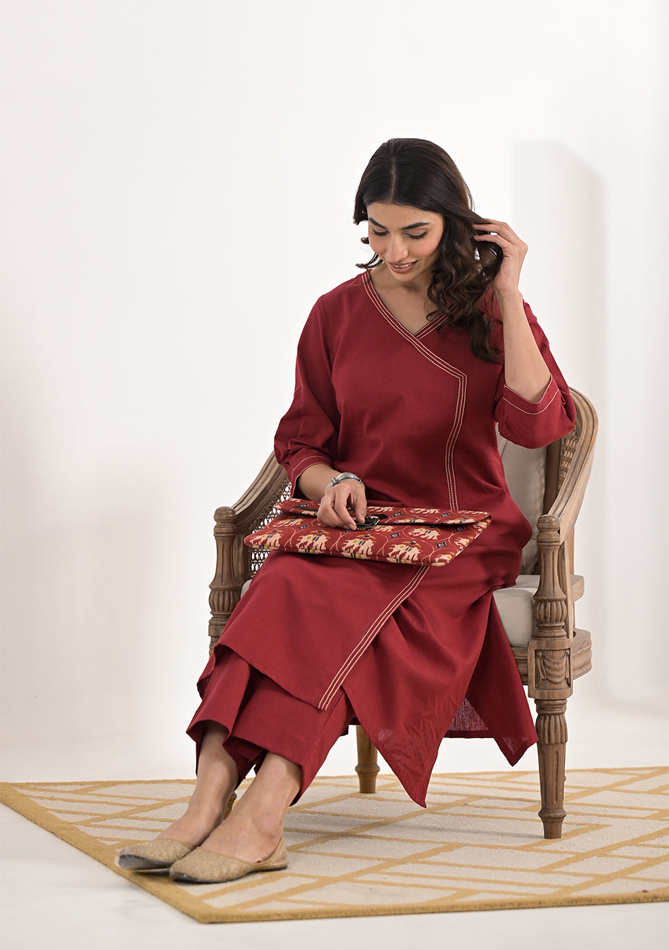 Brick Red Solid Angrakha Kurta Pant Set