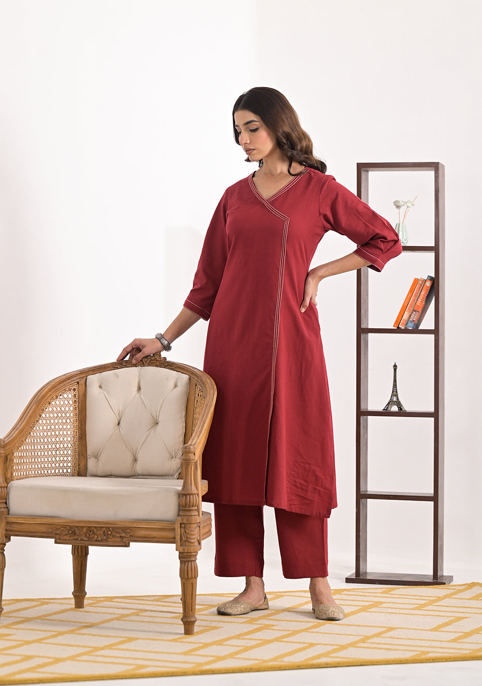 Brick Red Solid Angrakha Kurta Pant Set