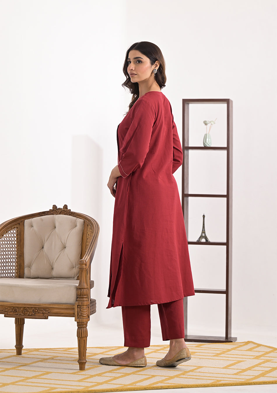 Brick Red Solid Angrakha Kurta Pant Set