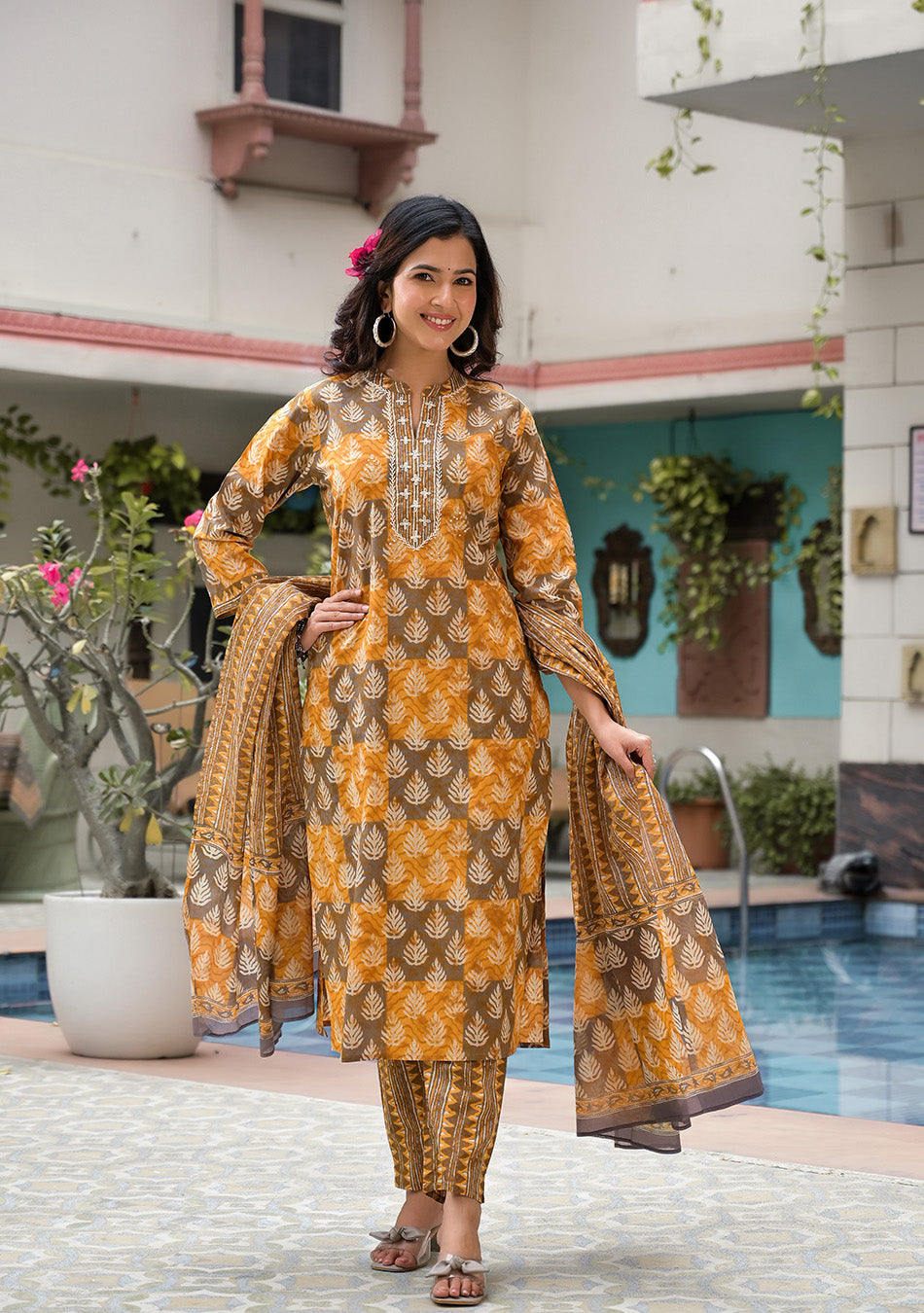 Brown and Mustard Suit Set with Dupatta