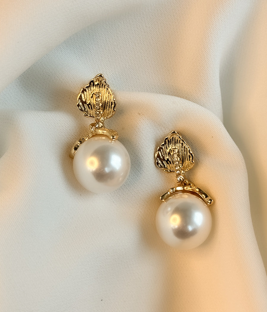 Gold Leaf Pearl Drop Earrings