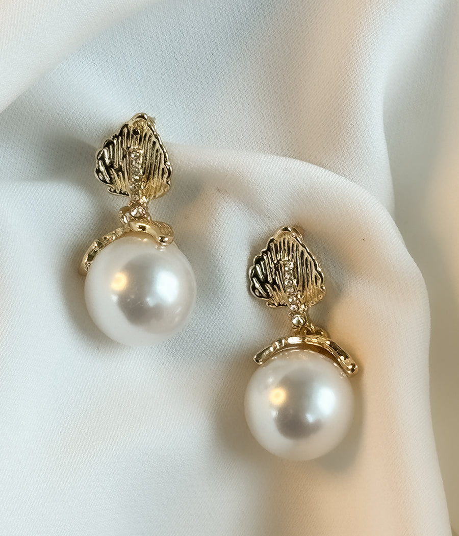 Gold Leaf Pearl Drop Earrings