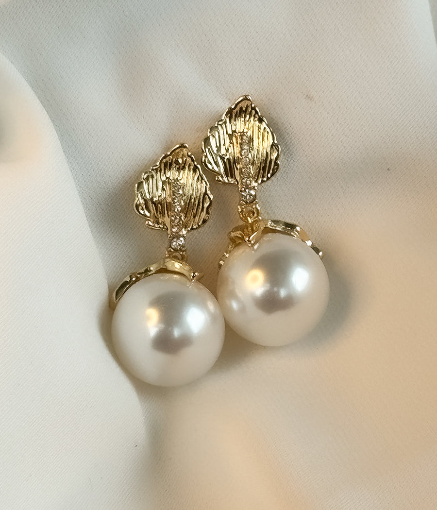 Gold Leaf Pearl Drop Earrings