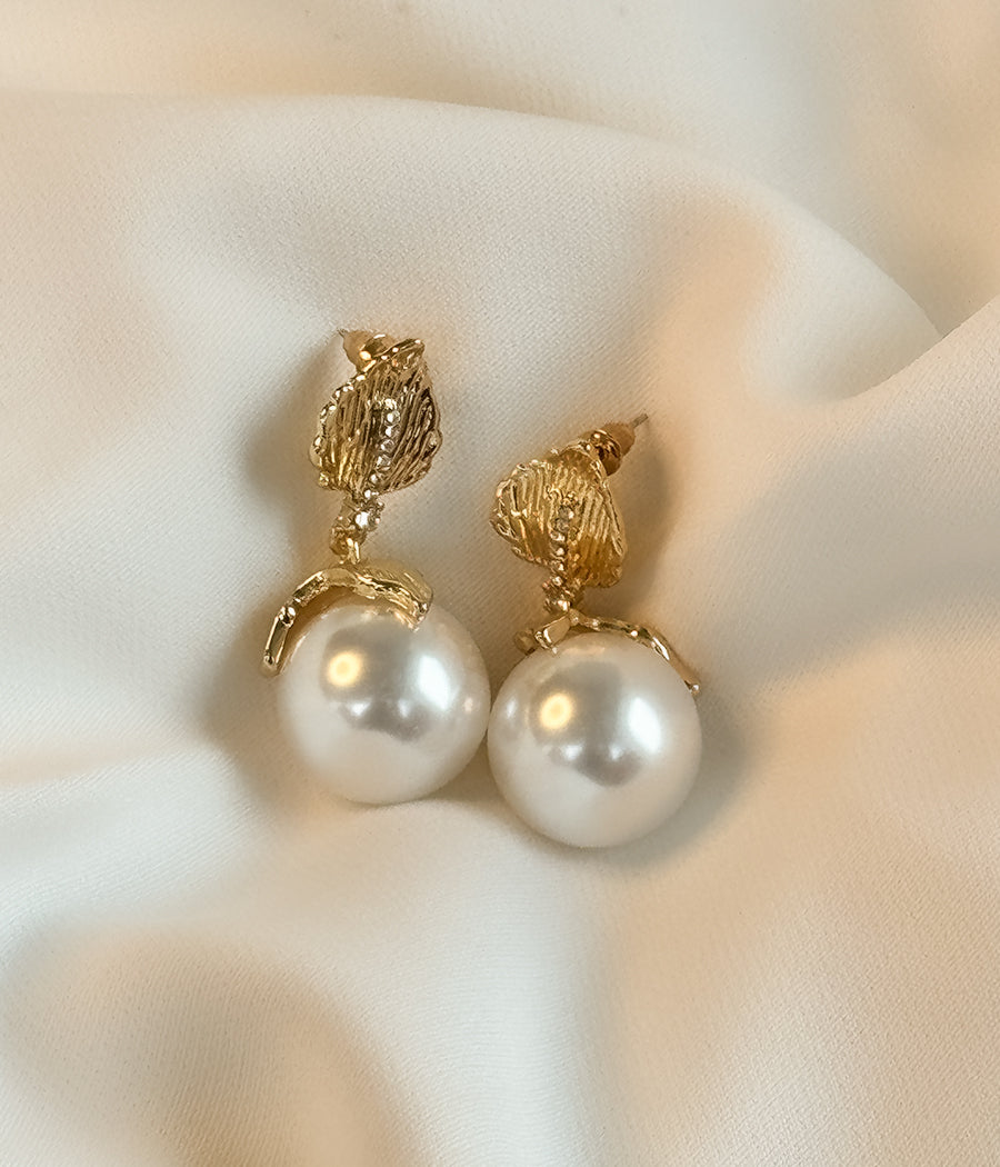 Gold Leaf Pearl Drop Earrings