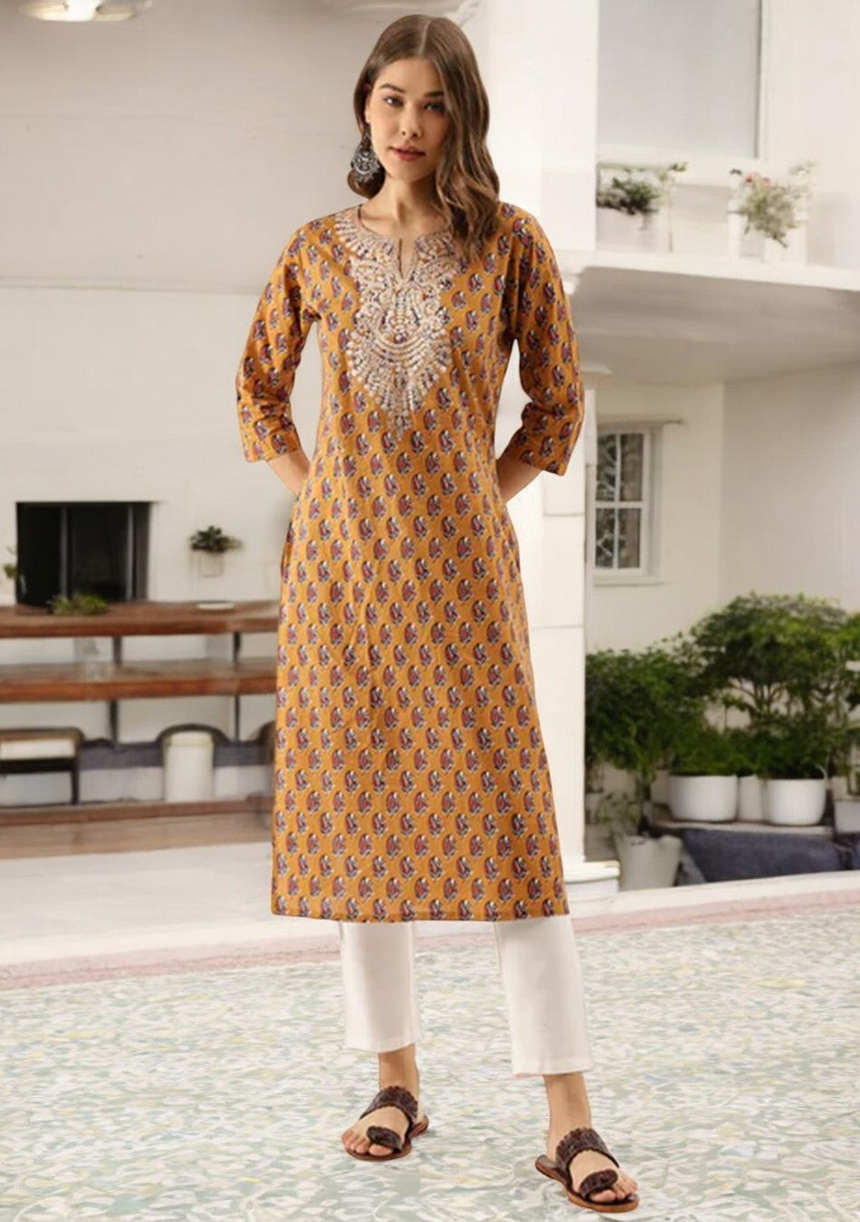 Brown Floral Printed Cotton Zari Work Kurta