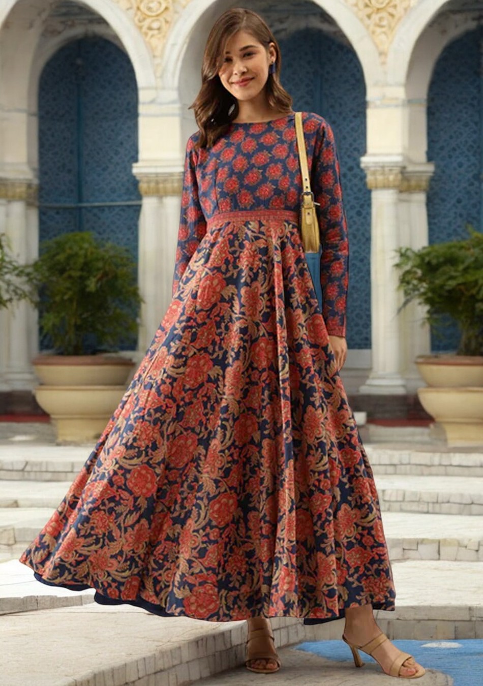 Blue Maroon Floral Printed Anarkali Kurta