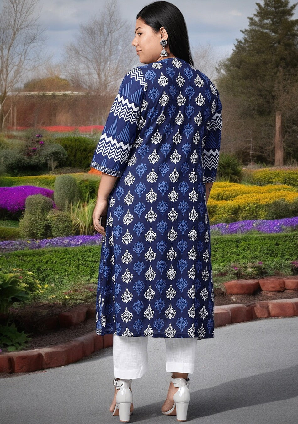 Blue Cotton & Rayon A-line Kurti