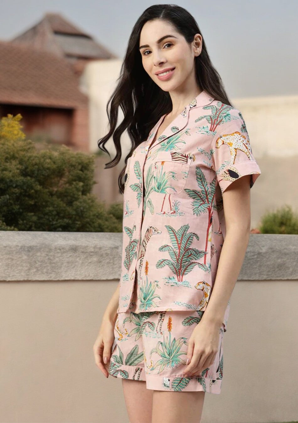 Pink Cotton Floral Print Night Suit