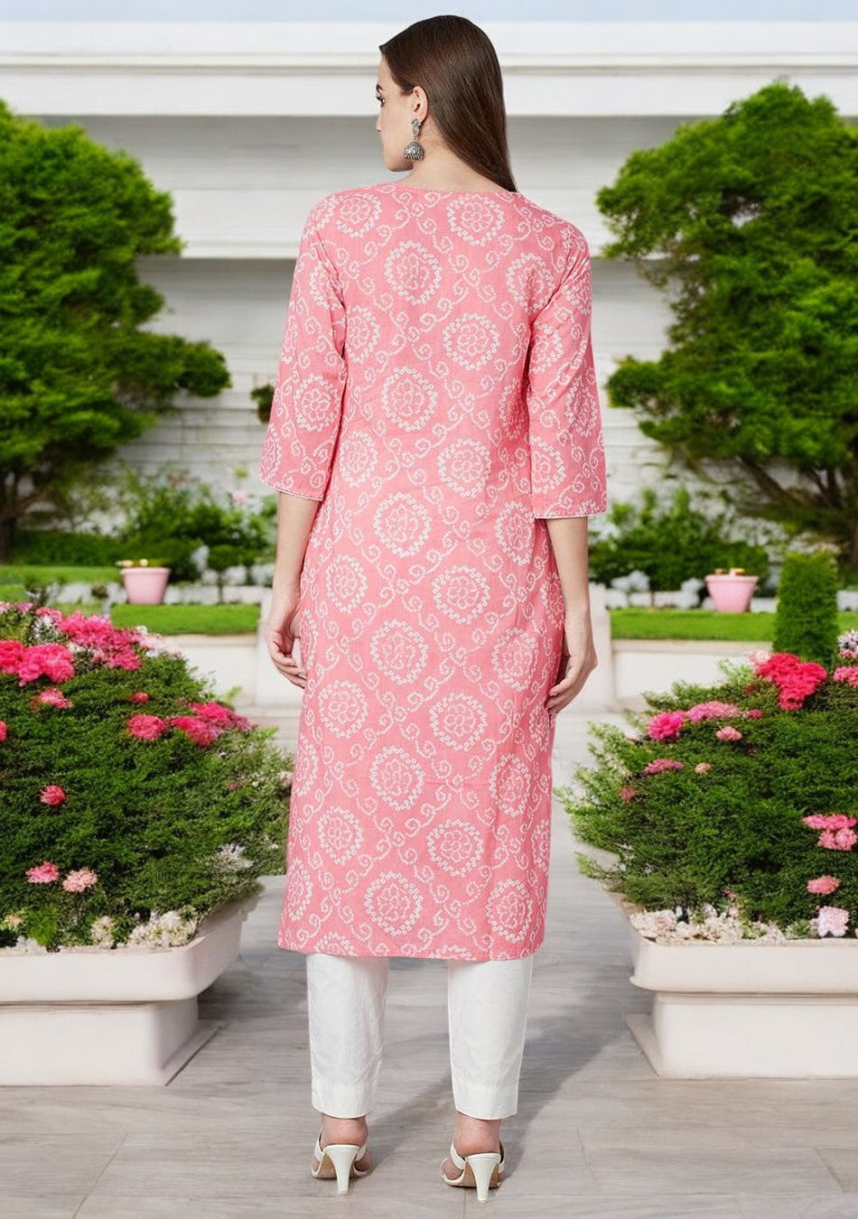 Baby Pink Bandhej Straight Kurta