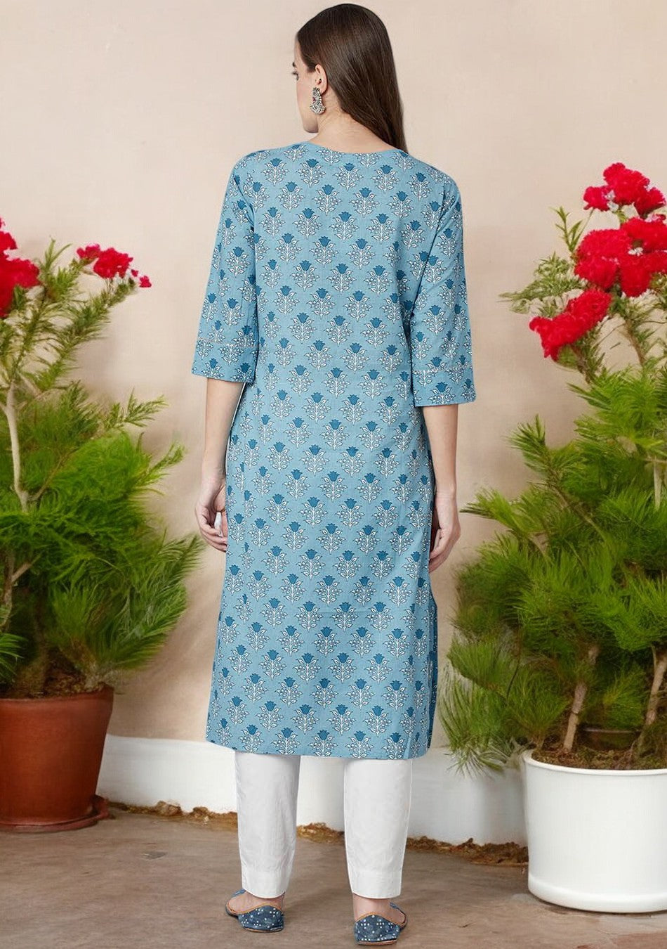 Sky blue Floral Straight Kurta