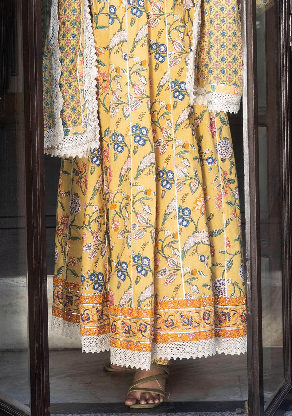 Yellow Floral Anarkali Pant Set with Dupatta