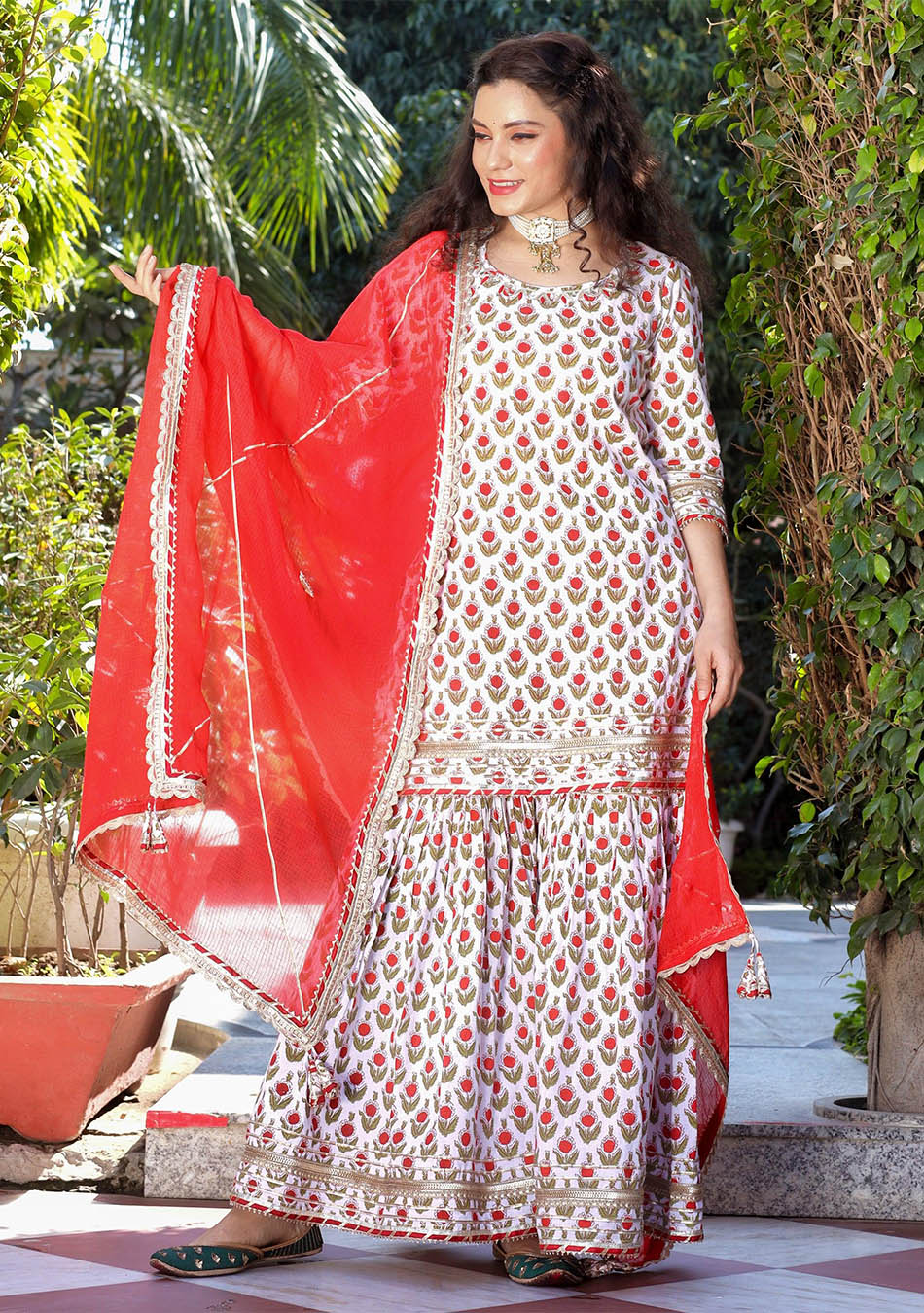 Red & White Cotton Dabu Printed Kurta Sharara Set with Kota Doria Dupatta