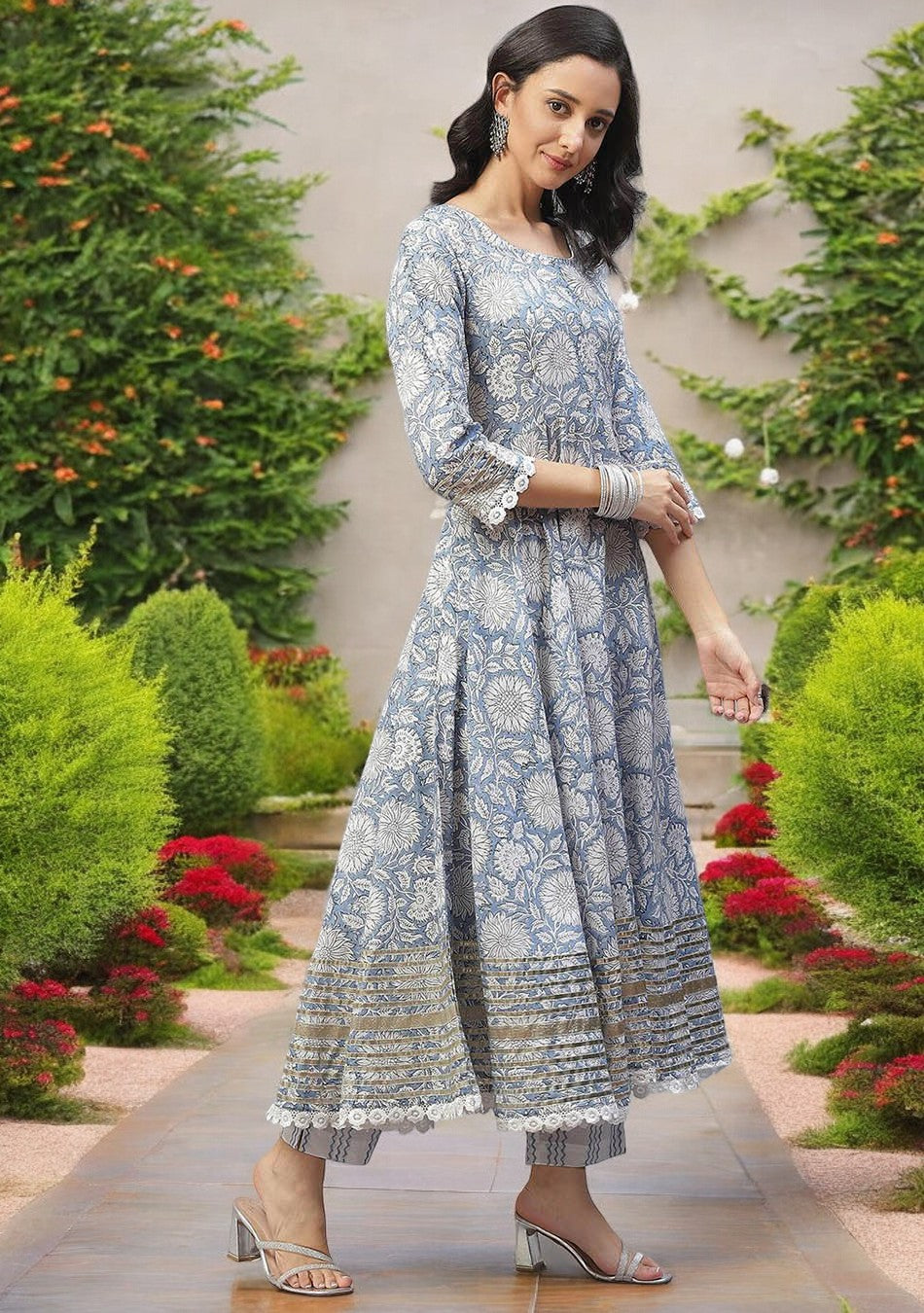 Sky blue Hand Block Printed Anarkali kurta Pant Set with Dupatta